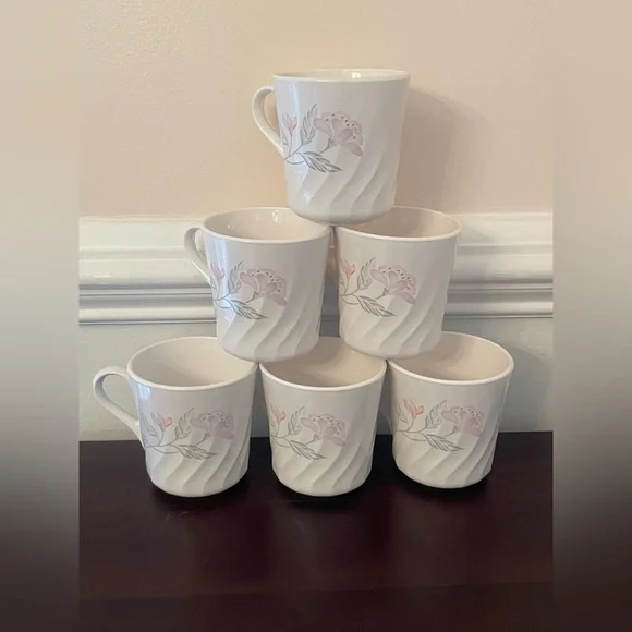 6 Pristine Vintage Corningware Pink Flower Floral Coffee Or Tea Cups - Picture 2 of 7
